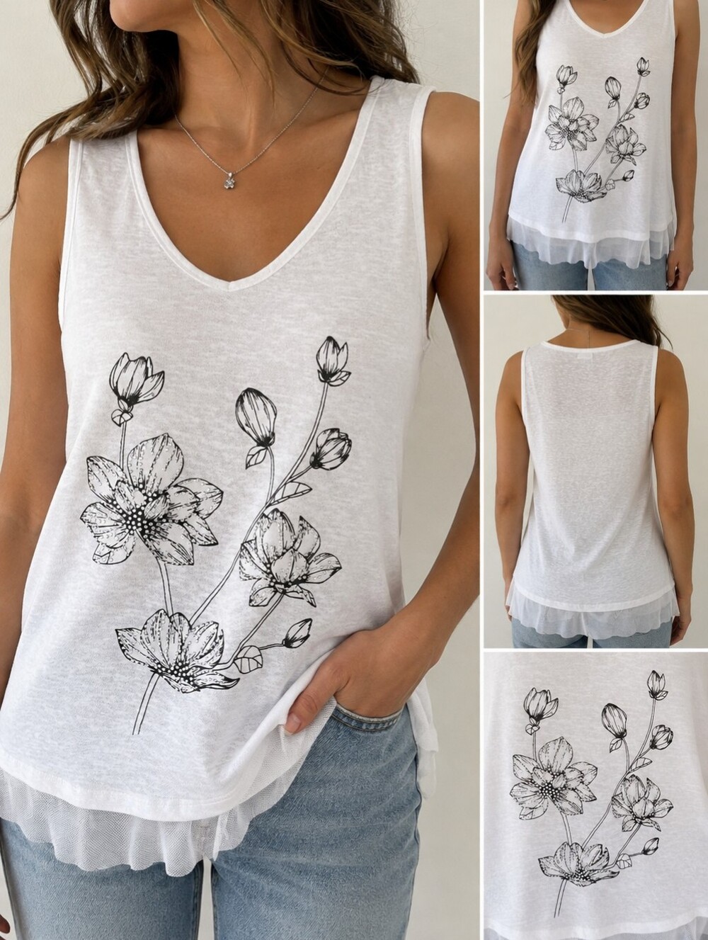 Grenier XS White Floral Rhinestone Embellished Layered Mesh Tank Top